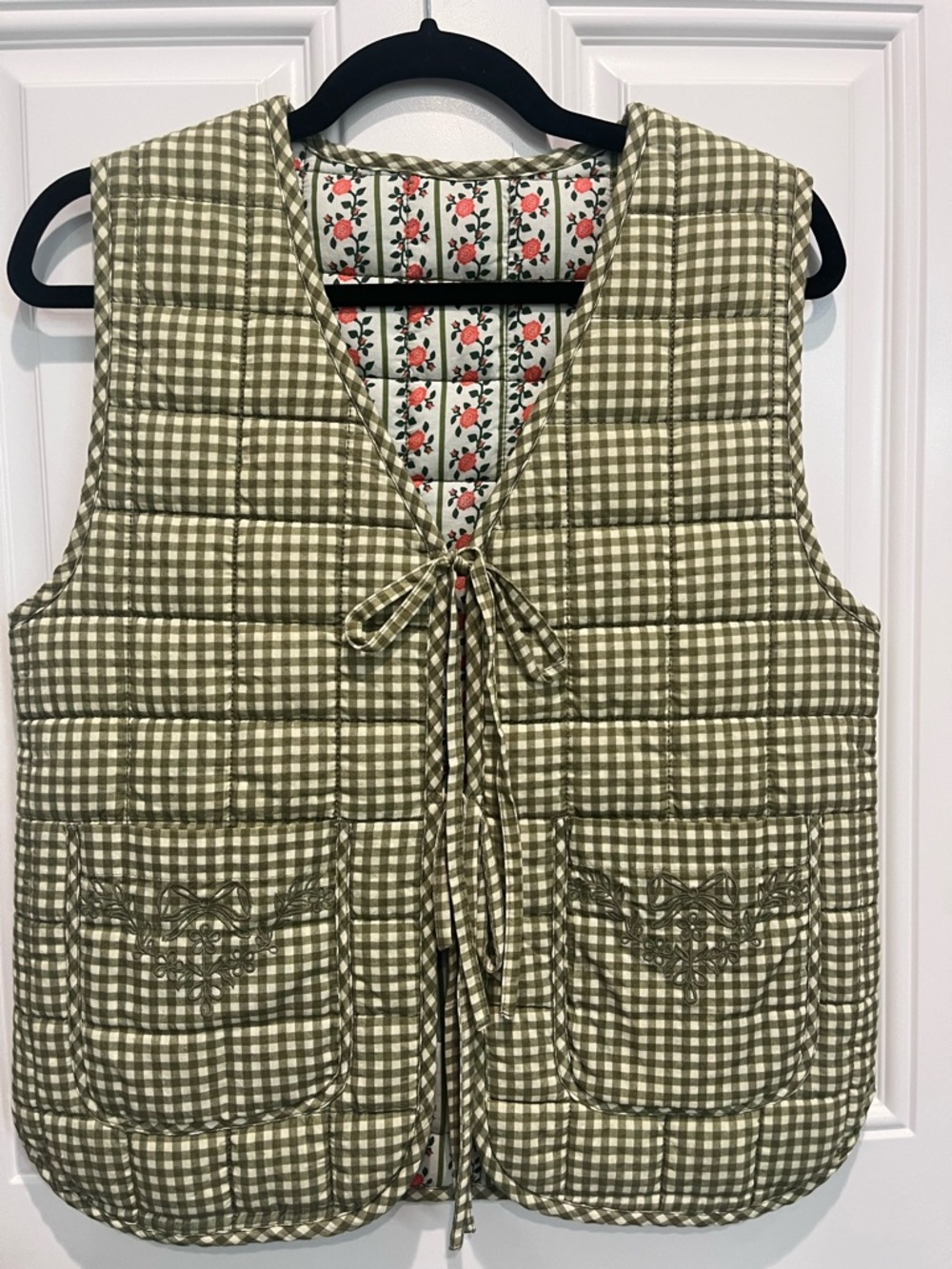 Quilted Gingham Tie-Front Vest - Olive Green